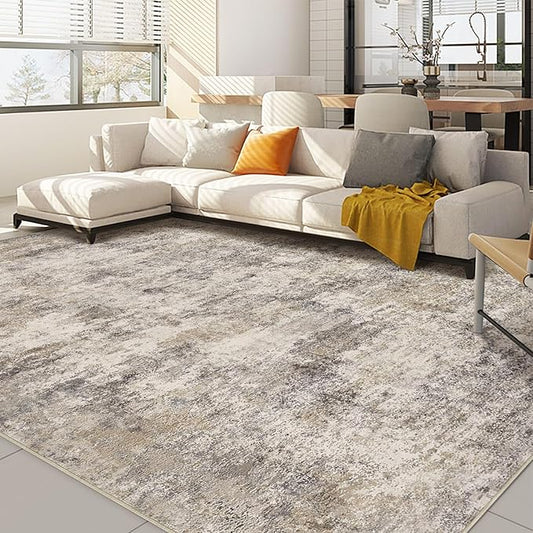 Nakagishi 10x14 Area Rugs Living Room: Washable Abstract Large Neutral Soft Rug Stain Resistant Modern Indoor Floor Non-Slip Carpet for Bedroom Nursery Playroom Office Dining Room Dorm- Brown Grey