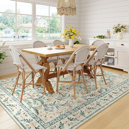 Wonnitar Washable 6x9 Area Rugs, Soft Floral Rug for Bedroom Kids Playroom Light Colored Carpet, Non Slip Ultra-Thin Indoor Beige Carpet for Living Room Classroom Office