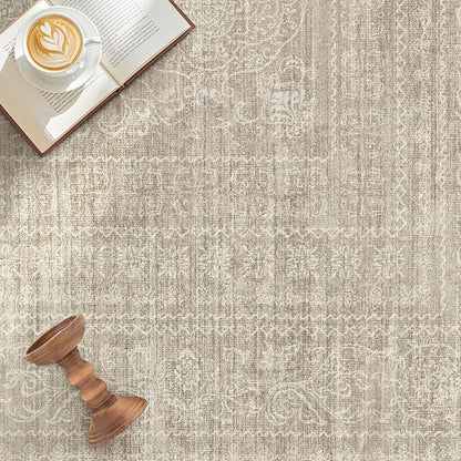 10x14 Area Rugs Living Room: Washable Large Vintage Rug Neutral Non-Slip Soft Stain Resistant Indoor Carpet for Bedroom Nursery Dining Room Under Table Bed Home House Office Playroom - Brown