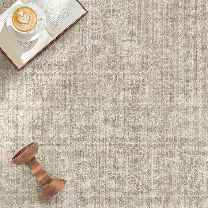 7x9 Area Rug Living Room: Washable Large Vintage Rug Neutral Non-Slip Soft Stain Resistant Indoor Carpet for Bedroom Nursery Dining Room Under Table Bed Home House Office Playroom - Brown