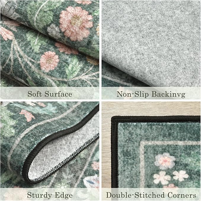 3x5 Washable Area Rug Floral Green Entryway Small Rug Vintage Forest Low Pile Non Slip Stain Resistance Soft Carpet for Kitchen, Bedroom Beside, Laundry Room, Office Rug, Kids Room, Nursery Room