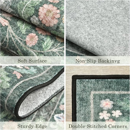3x5 Washable Area Rug Floral Green Entryway Small Rug Vintage Forest Low Pile Non Slip Stain Resistance Soft Carpet for Kitchen, Bedroom Beside, Laundry Room, Office Rug, Kids Room, Nursery Room