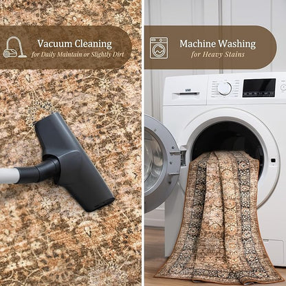 Morebes Vintage Washable Runner Rug 2x6, Floral Kitchen Runner Rugs Non Slip, Super Soft Distressed Indoor Throw Carpet for Hallway Bedroom Bedside Bathroom Laundry Room, Dark Brown