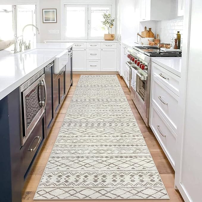 KUTA Moroccan Boho Runner Rug 2.6x10 Non-Slip Vintage Beige Washable Hallway Kitchen Rugs Ultra Soft Distressed Geometric Floor Carpet Runners for Bedroom Laundry Living Room