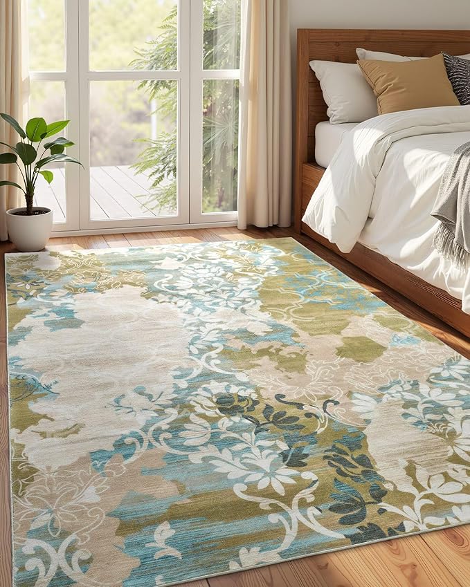 Washable Abstract Rug, 9x12 Willow Green and Blue Floral Area Rugs with Non-Slip Rubber Backed for Living Room, Low Pile Modern Throw Carpet Bedroom Dining Room Decor