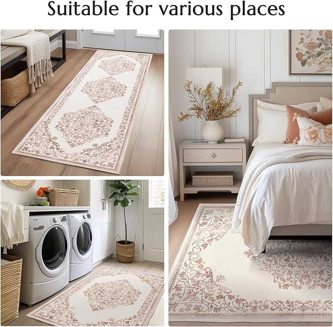 jinchan Area Rug 8x10 Washable Rug Vintage Living Room Carpet Thin Non Slip Large Mat Floral Medallion Boho Floor Cover Low Pile Carpet for Bedroom Dining Room Nursery Office Farmhouse