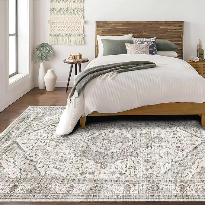 Deerly Boho 6x9 Area Rug Vintage Rugs for Living Room, Washable Rugs Non Slip Large Area Rug for Dining Room Bedroom Office, Floor Decoration Big Rug Mat Low-Pile (Cream)