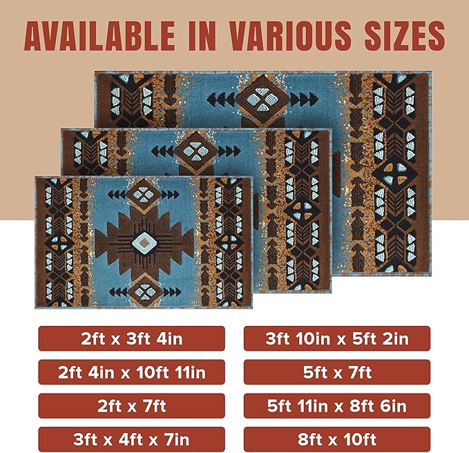 YHSF South West Native American Area Rug C318 - Easy Clean, Thick, Soft, Durable Native Tribal American Indian Inspired Rug for Bedroom/Living Room and More - Blue-Brown, 5 Feet x 7 Feet
