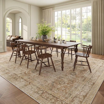 Washable 9x12 Area Rugs for Living Room, Boho Non-Slip Vintage Distress Lager Rugs for Bedroom Dining Room Nursery Office, 0.3" Neutral Oriental Throw Thin Carpet, Brown/White/Multi