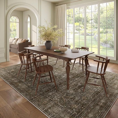 Washable 8x10 Area Rugs for Living Room, Boho Non-Slip Vintage Distress Large Rugs for Bedroom Dining Room Nursery Office, 0.3" Neutral Oriental Throw Thin Carpet, Rust/Multi