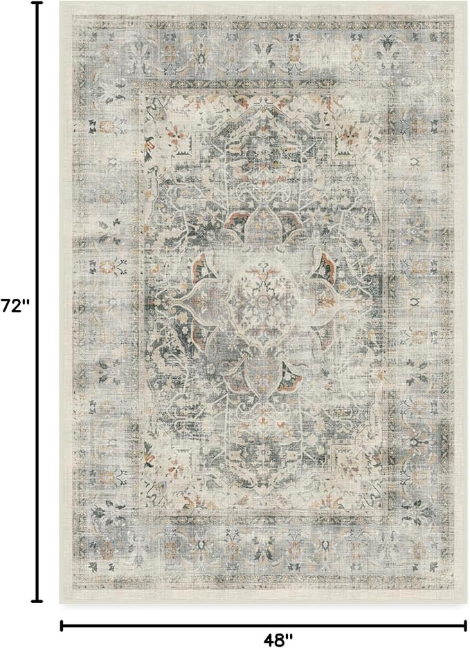 RUGGABLE Washable Vintage Area Rug – Sarrah Sage 4x6, Stain-Resistant, Non-Slip – Medium Machine Washable Rugs for Living Room, Bedroom, Hallway, Entryway & Office–with Standard Pad