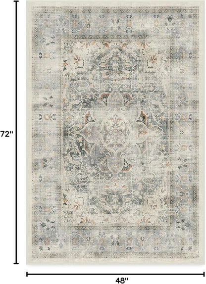 RUGGABLE Washable Vintage Area Rug – Sarrah Sage 4x6, Stain-Resistant, Non-Slip – Medium Machine Washable Rugs for Living Room, Bedroom, Hallway, Entryway & Office–with Standard Pad