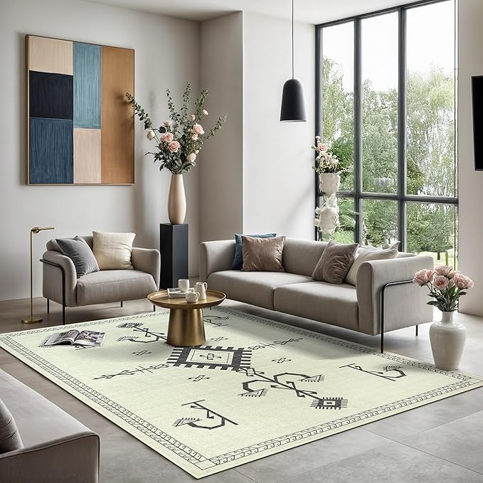GLN Rugs Contemporary Collection - Machine Washable Area Rug, Contemporary Washable, Non Slip, Low Pile Chenille Rug, Living Room, Bedroom, Kitchen Rug (6' x 9' Cream/Anthracite)