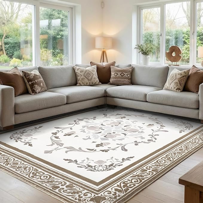 SOULFUL Medium Pile 8x10 Rugs for Living Room - Cozy Soft Underfoot Large Area Rug - Brown Boho Floral - Washable Non-Slip - Perfect for Bedroom Kids Room Under Dining Table Office
