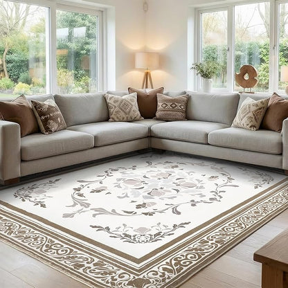 SOULFUL Medium Pile 8x10 Rugs for Living Room - Cozy Soft Underfoot Large Area Rug - Brown Boho Floral - Washable Non-Slip - Perfect for Bedroom Kids Room Under Dining Table Office