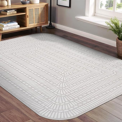 Beverly Rug Modern Geometric Area Rug 6x9 Low-High Pile Durable Soft Abstract Grid Indoor Rugs for Living Dining Room Office Stain Resistant Non Shedding Casual Indoor Carpet Beige White 6 x 9