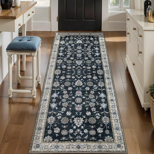 Tangsoo Black 2x5 Rug Runner, Washable Runner Rug for Hallways Non Slip, Floral Vintage Soft Low Pile Rugs Runner, Print Carpet Runners for Kitchen Bedroom Entryway Bathroom Living Room