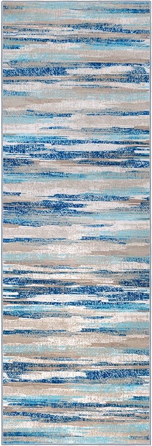 Modern Abstract Runner Rug 2.6x18, Blue Washable Long Kitchen Runner Non-Slip Soft Hallway Rug Runner Thin Print Faux Wool Carpet for Entryway Bedroom Laundry Room Indoor Home Decor