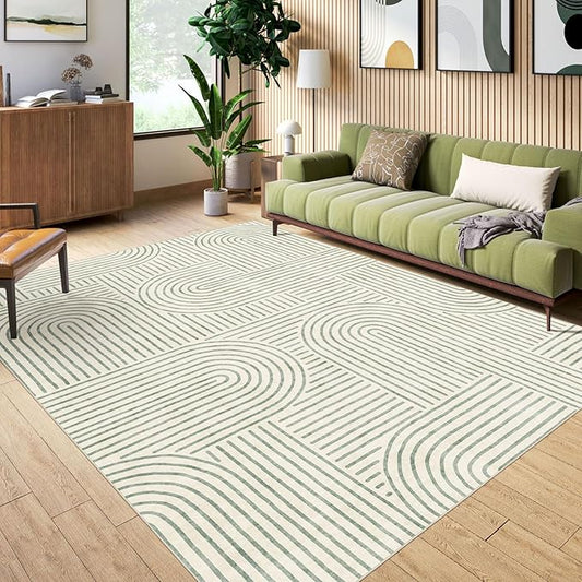 Washable Area Rug 8x10 - Large Sage Green Boho Rugs for Living Room Soft Abstract Bedroom Rug Ultra-Thin Modern Rainbow Carpet Rug for Dining Room Nursery Room Home Decor