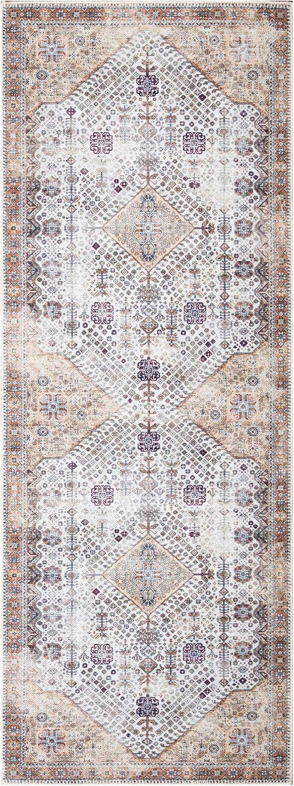 Bloom Rugs Washable Non-Slip 10 ft Runner - Sand/Orange/Purple Traditional Medallion Runner for Entryway, Hallway, Bathroom, and Kitchen - Exact Size: 2.5' x 10'