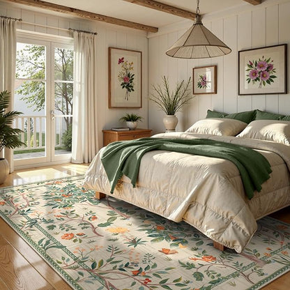 Morebes Washable 5x7 Sage Green Area Rug for Bedroom, Boho Floral Kids Room Rug Non Slip, Soft Flower Low-Pile Indoor Floor Throw Carpet for Dining Room Bedroom Home Office Playroom