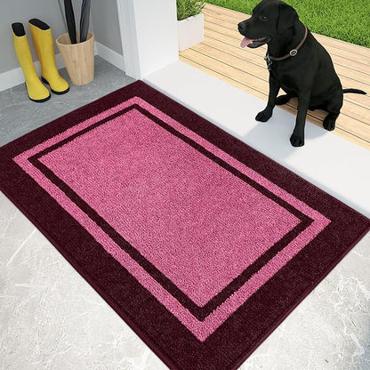 PURRUGS Dirt Trapping Door Mat 24" x 36", Non-Slip/Skid Machine Washable Entryway Rug, Shoes Scraper, Area Rug, Super Absorbent Welcome Mat for Muddy Wet Shoes and Paws, Pink & Burgundy Red
