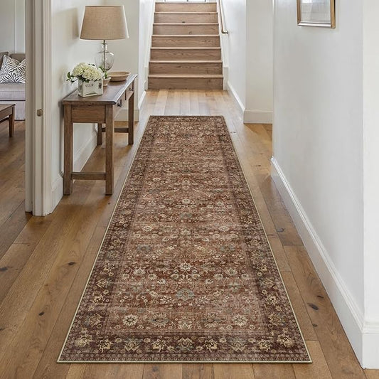 HUGEAR 2x8 Runner Rug Machine Washable Brick Red Hallway Area Rug Indoor Accent Rugs Floral Low Pile Carpet Soft Throw Rugs Bedroom Living Room Office Dining Kitchen Laundry Non Slip