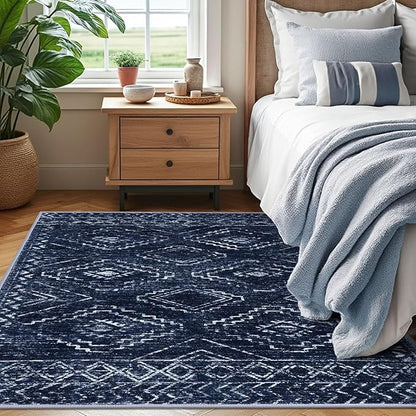 KILOCOCO Area Rug 4'x6' Entryway Rug Washable Bedroom Rugs Non Slip Printed Boho Low-Pile Rubber Backed Blue Soft Rugs for Kitchen Living Room Dining Geometric Moroccan Carpet, Dark Blue