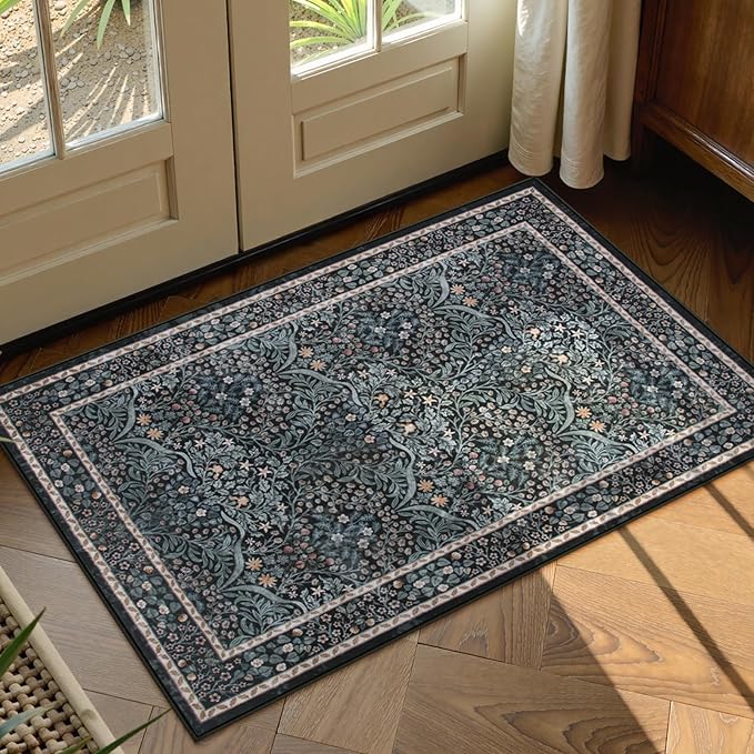 Lahome Floral Entryway Rug, 2x3 Kitchen Rugs Non Slip Washable Boho Black Forest Design, Soft Door Mat Indoor Entrance, Ultra-Thin Easy Clean Small Throw Carpet for Bedroom Bathroom, Black