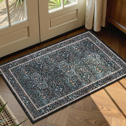 Lahome Floral Entryway Rug, 2x3 Kitchen Rugs Non Slip Washable Boho Black Forest Design, Soft Door Mat Indoor Entrance, Ultra-Thin Easy Clean Small Throw Carpet for Bedroom Bathroom, Black