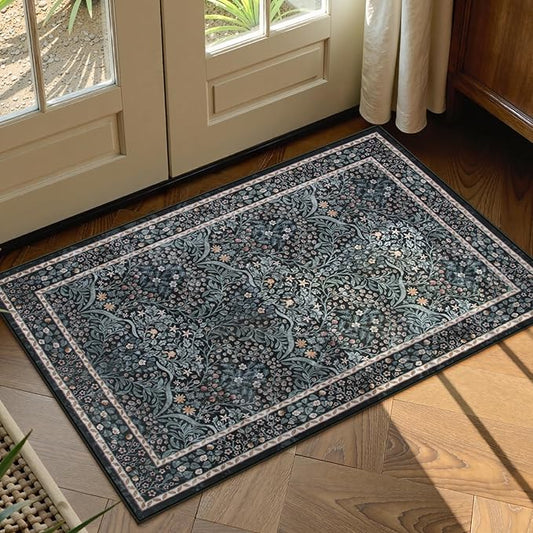 Lahome Floral Entryway Rug, 2x3 Kitchen Rugs Non Slip Washable Boho Black Forest Design, Soft Door Mat Indoor Entrance, Ultra-Thin Easy Clean Small Throw Carpet for Bedroom Bathroom, Black