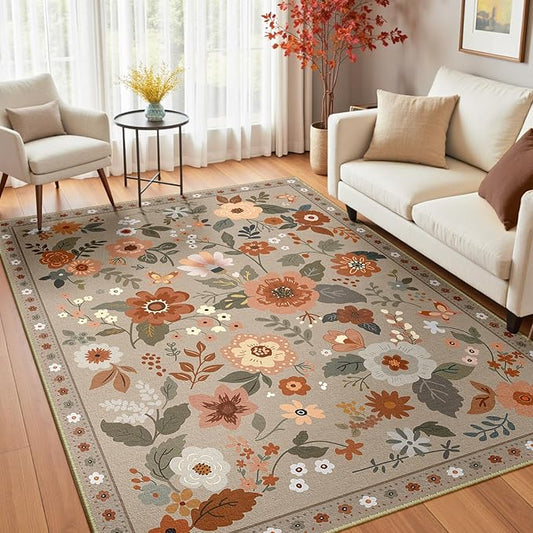 Floral 4x6 Area Rug Machine Washable Soft Print Boho Carpet Non Slip Doormat Low Pile Flower Area Rugs for Living Room Bedroom Nursery Kitchen Dining Room Indoor-Brown/Brick