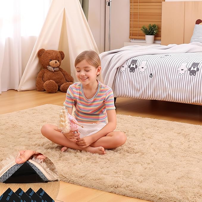 4x6 Light Tan Rugs for Bedroom Living Room, Fluffy Small Area Rug Soft Shag Carpet for Kids Boys and Girls Room with 4 Rugs Non-Slip Stickers Dorm Home Decor (4ft x 6ft)
