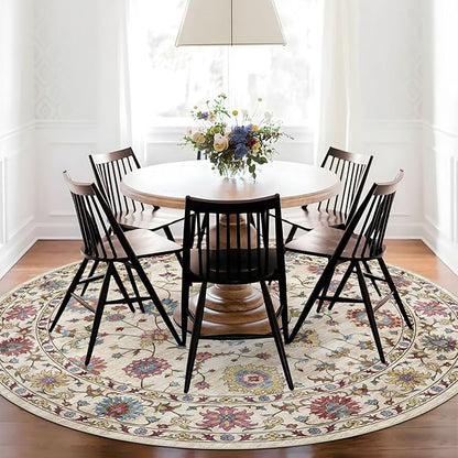 Washable Round Area Rug 4ft - Cream Colorful Traditional Floral Boho Living Room Circle Rug 4x4 Non-Slip Carpet Soft Vintage Bohemian Round Rugs for Bedroom Bathroom Kitchen Nursery