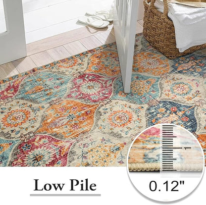 Lahome Moroccan 6x9 Rugs for Living Room, Soft Washable 6x9 Area Rug for Bedroom, Ultra-Thin Oriental Trellis Distressed Non Shedding Throw Large Carpet for Dining Room Office, Cream/Multi