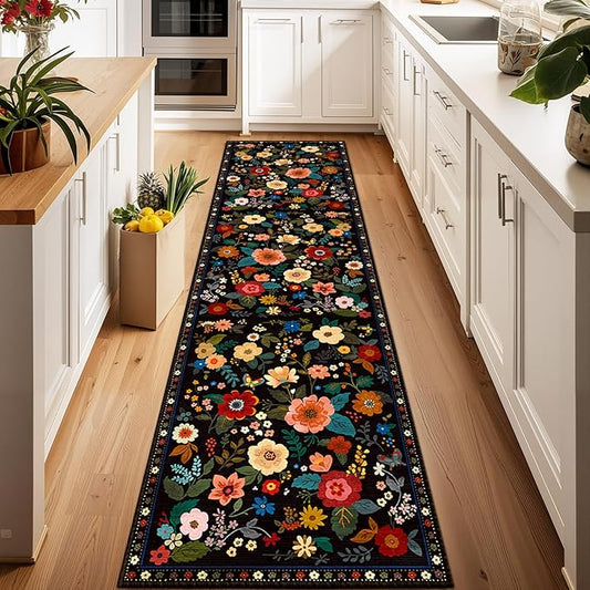 Floral 2x8 Area Rug Machine Washable Soft Print Boho Carpet Non Slip Doormat Low Pile Flower Area Rugs for Living Room Bedroom Nursery Kitchen Dining Room Indoor-Black