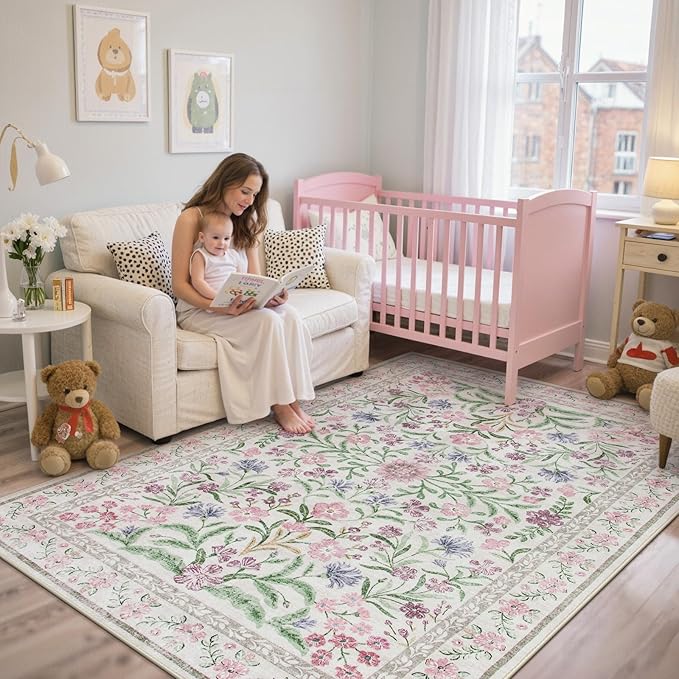 Lahome Boho Purple Floral 5x7 Area Rugs, Washable Rugs for Bedroom Nursery Decor, Soft Non-Slip Lavender Carpet for Kids Room Girls Playroom Living Room, Pale Lilac/Pink