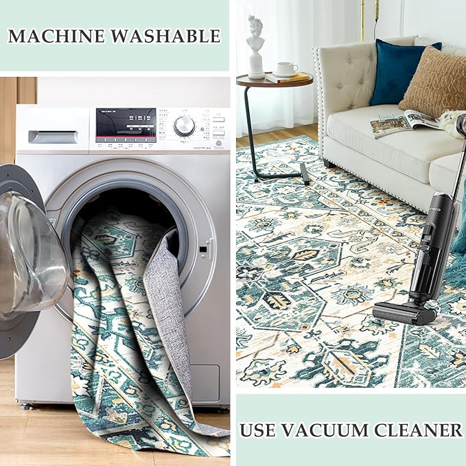 VK VK·LIVING Round Washable Rug 5'Ft Vintage Machine Washable Area Rugs with Non Slip Round Rugs for Living Room Bedroom Traditional Woven Carpet Stain Resistant Dining Office Boho Rug,Green&Beige