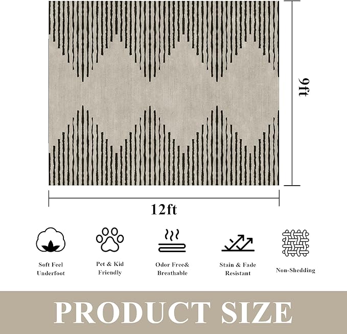 HelloTree Area Rug for Living Room 9x12 Washable Geometric Moroccan Rug Stripe Farmhouse Bohemian Minimalistic Non Slip Non Shedding Ultra Thin Soft Rug for Bedroom Office DiningRoom Nursery-Cream