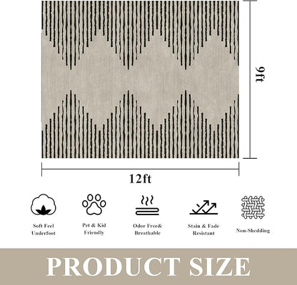 HelloTree Area Rug for Living Room 9x12 Washable Geometric Moroccan Rug Stripe Farmhouse Bohemian Minimalistic Non Slip Non Shedding Ultra Thin Soft Rug for Bedroom Office DiningRoom Nursery-Cream