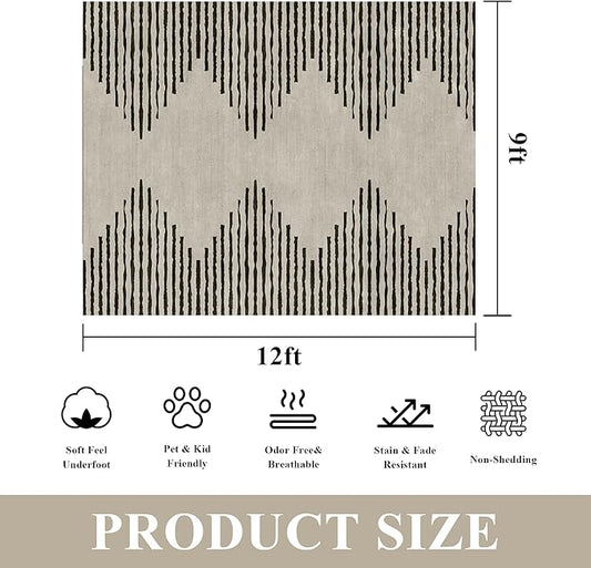 HelloTree Area Rug for Living Room 9x12 Washable Geometric Moroccan Rug Stripe Farmhouse Bohemian Minimalistic Non Slip Non Shedding Ultra Thin Soft Rug for Bedroom Office DiningRoom Nursery-Cream