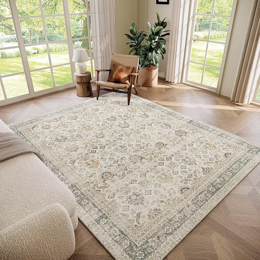 Washable 5x7 Area Rugs for Living Room, BoHo Non-slip Vintage Distress Rugs for Bedroom Dining Room Nursery Office, 0.3" Neutral Oriental Throw Thin Carpet with Cushioning Pad, Grey/Beige/Orange/Multi