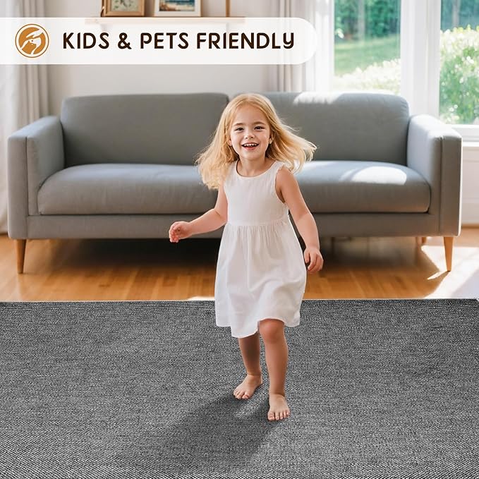 LBRO2M Easy Jute Solid Area Rug 9X12 Washable Rugs for Living Room Bedroom Natural Jute Look Indoor Outdoor Rug Durable, Solid Non Shedding Eco Friendly (9X12 Black Gray)