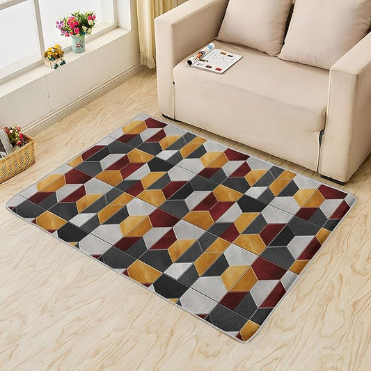 Modern Hexagon Rug - 6x9, Geometric Pattern for Living Room & Bedroom, Washable, Non-Slip, Soft Indoor Carpet