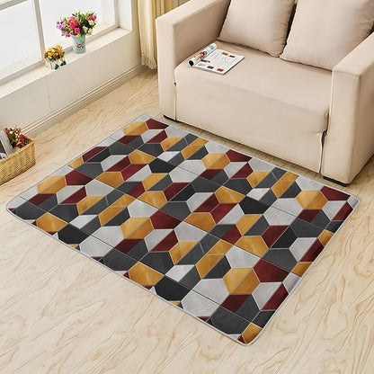Modern Hexagon Rug - 7x9 Geometric Pattern, Washable Non Slip Soft Indoor Carpet for Living Room & Bedroom