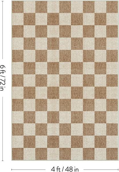 LIVEBOX 4x6 Washable Area Rug Checkered, Non-Slip Small Entryway Rug Brown Farmhouse Neutral Classic Geometric Boys Rug for Bedroom Living Room Low-Pile Carpet for Indoor Kitchen Bathroom(Brown 4'x6')