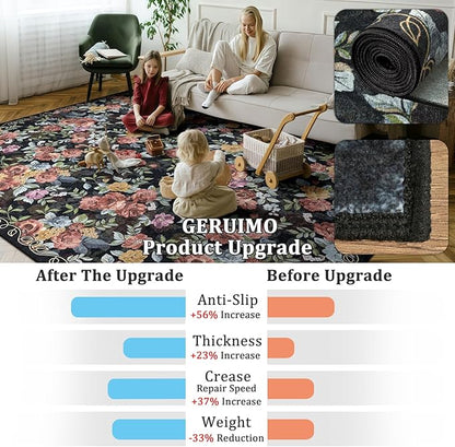 6ft Round Machine Washable Area Rug for Living Room, Black Vintage Boho Floral Rug Large Non-Slip Low Pile Soft Faux Wool Carpet, Kids and Pets Friendly for Bedroom Nursery Farmhouse Home Decor Rug
