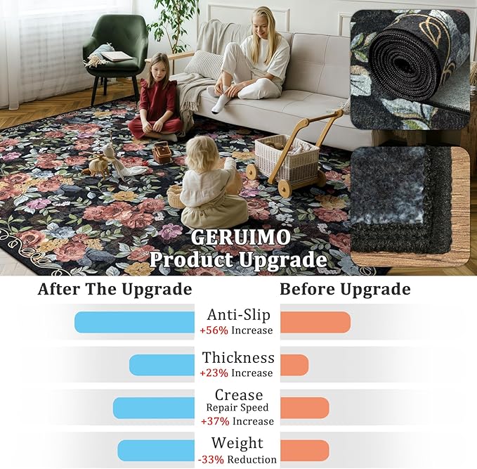 2x6 Machine Washable Runner Rug, Kitchen Hallway Area Rug Black Vintage Boho Floral Ultra Non-Slip Low Pile Soft Faux Wool Carpet, Kids and Pets Friendly for Bedroom Entryway Nursery Home Decor Rug