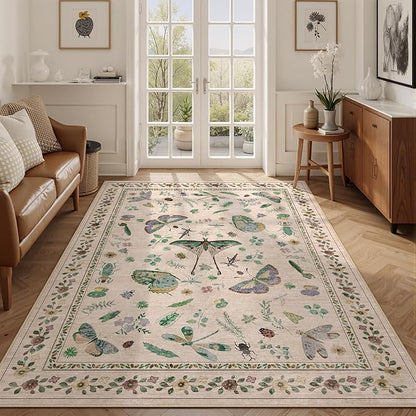 5x8 Non-Slip Insect Print Rug - Indoor Low Pile Machine Washable Bug Rug for Entryway, Front Door, Nursery, Bedroom, Kitchen, Laundry (5'x8' Beige Green)
