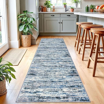 Modern Abstract Runner Rug 2.6x10, Grey Blue White Washable Long Kitchen Runner Non-Slip Soft Hallway Rug Runner Thin Print Faux Wool Carpet for Entryway Bedroom Laundry Room Indoor Home Decor